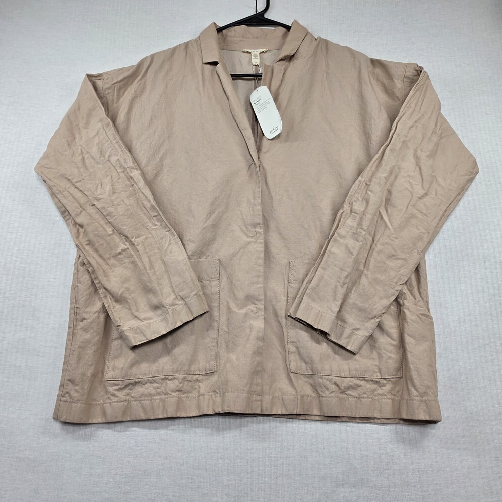 Eileen Fisher Beige Organic Cotton Steel Oversized Snap Jacket Size M Minimalist